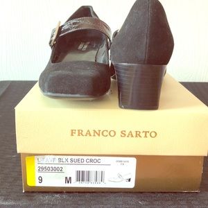 Franco Sarto SZ 9M Blk Suede/Croc strap heels